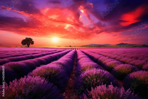 Sunset over lavender field in Provence, France. Beautiful lavender field landscape view at sunset time, AI Generated