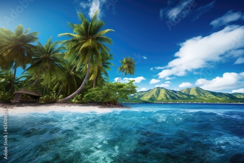 Beautiful seascape with palm trees and volcano on the background, Beautiful tropical island landscape view on a sunny day, AI Generated