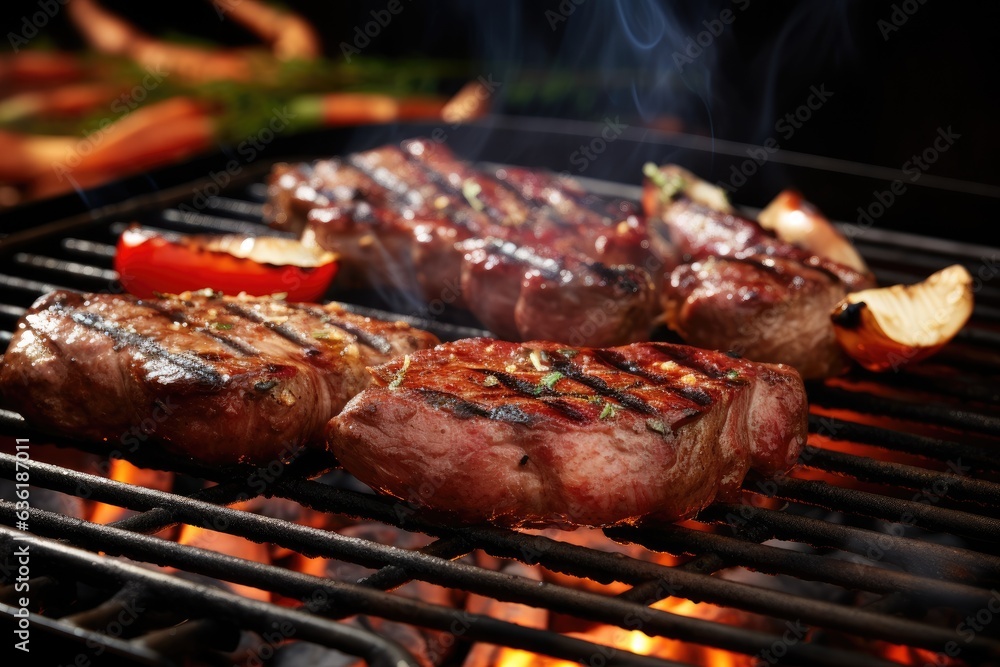 Grilled beef steaks with rosemary, tomatoes and pepper on barbecue grill, Beef steak and sausages on barbecue grill, closeup, AI Generated