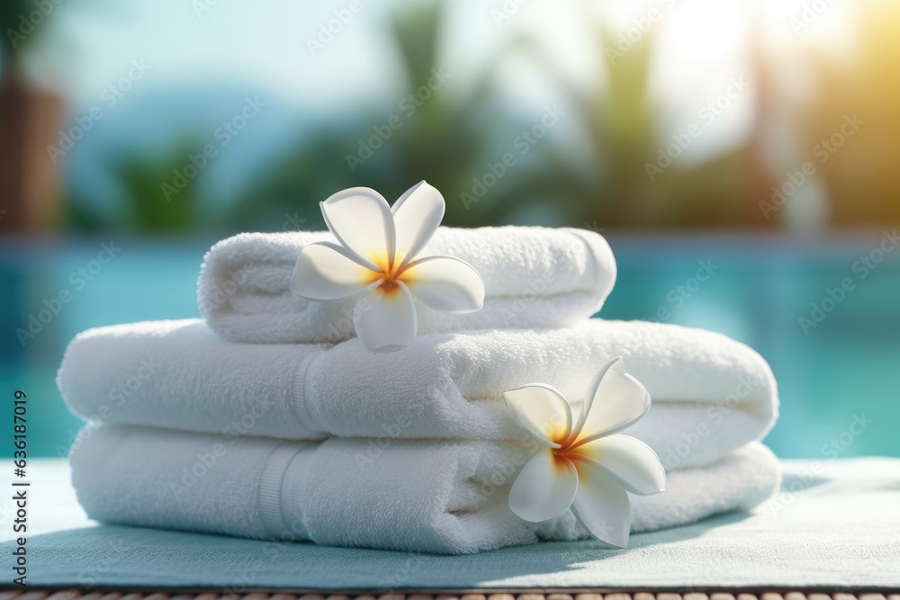 Spa, wellness setting, towels with frangipani flowers. Spa, wellness setting, towels with frangipani flowers.