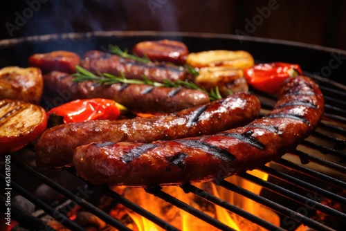 Grilled sausages with vegetables on the grill, closeup, Beef steak and sausages on barbecue grill, closeup, AI Generated
