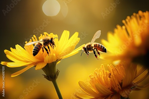 Honey bee collecting nectar on yellow daisy flower, closeup, Bees flying over a beautiful yellow flower, AI Generated © Ifti Digital