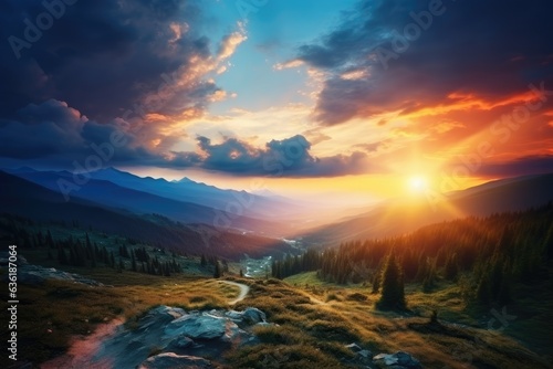 Majestic sunset in the mountains landscape. Dramatic sky. Carpathian, Ukraine, Europe. Beauty world. beautiful sunset in the mountains. Sunset at the top of hike. sunset in the valley, AI Generated