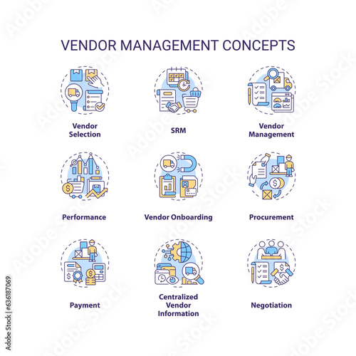 2D editable icons set representing vendor management concepts, isolated vector, thin line colorful illustration.