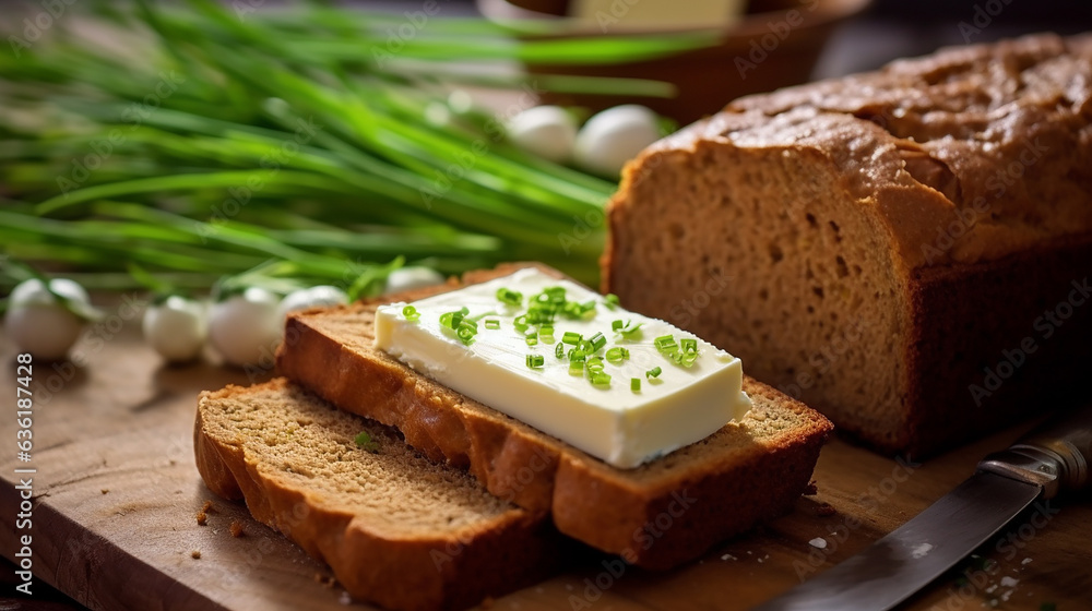 brown bread with curd cheese and chives