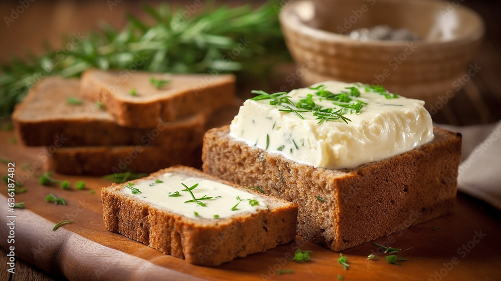 brown bread with curd cheese and chives