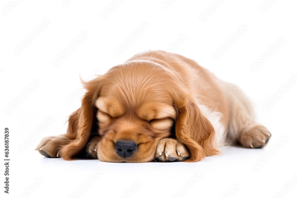 a long hair puppy Cocker Spaniel dog sleepy in front of a white background. 