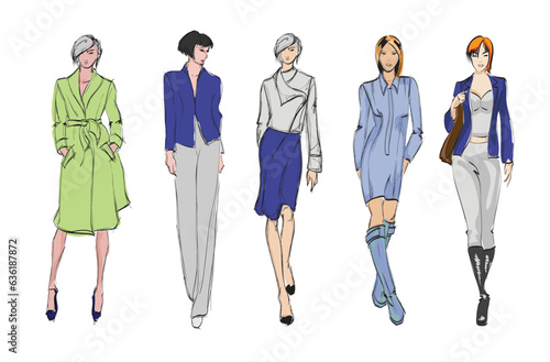 Beautiful young girl in stylish clothes. Fashion woman look. Sale concept. Hand-drawn fashion illustration. Cute girl in fashion clothes