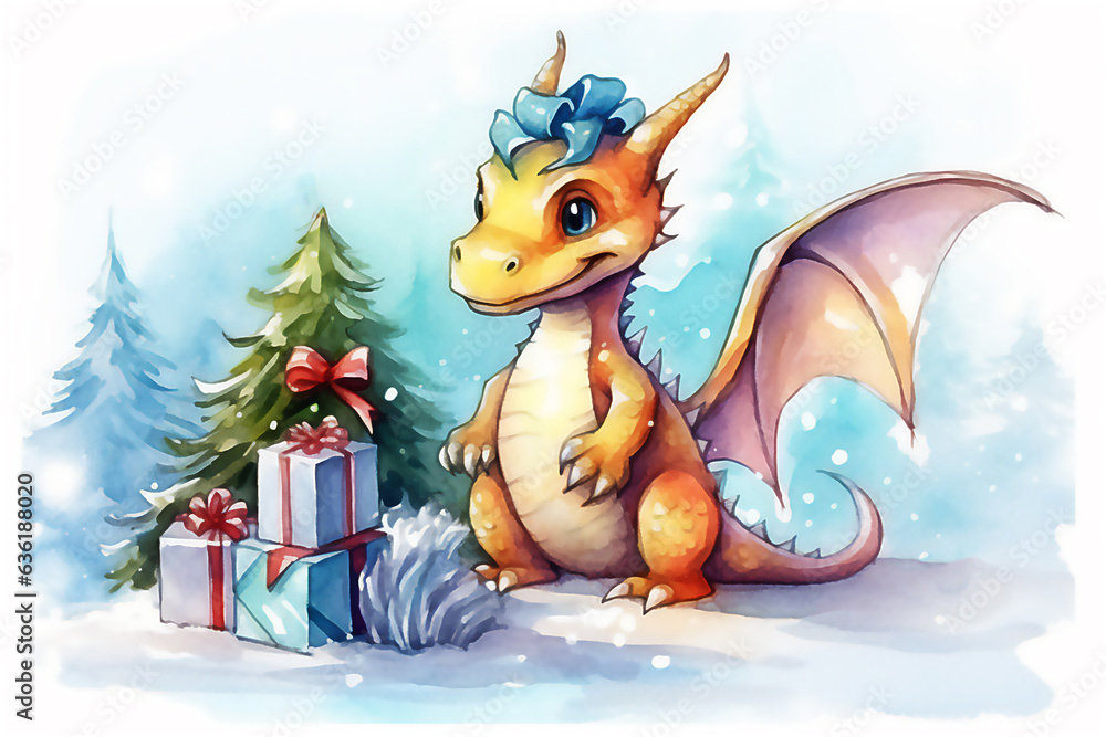 Christmas dragon in Santa hat with christmas decorations on white background. Post processed AI generated image Christmas dragon in Santa hat with christmas decorations on white background. Post processed AI generated image