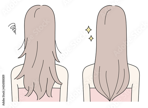 ダメージ髪から綺麗な髪になる後ろ姿の女性のイラストセット