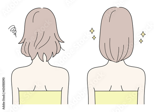 ダメージ髪から綺麗な髪になる後ろ姿の女性のイラストセット