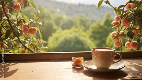 Cup of coffee on saucer next to window with view of nature