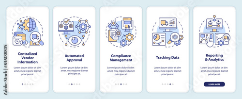 2D icons representing vendor management mobile app screen set. Walkthrough 5 steps multicolor graphic instructions with thin line icons concept, UI, UX, GUI template.