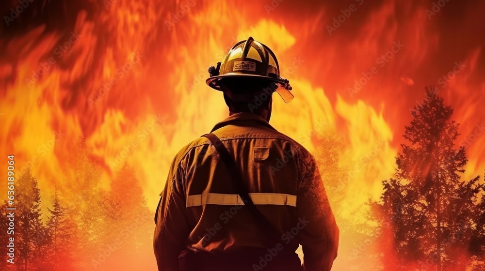 fireman from back with double exposure in graphic