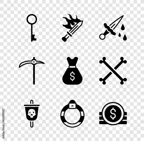 Set Old key, Sword for game, with blood, Pirate flag, Magic stone ring, Ancient coin, Pickaxe and money bag icon. Vector