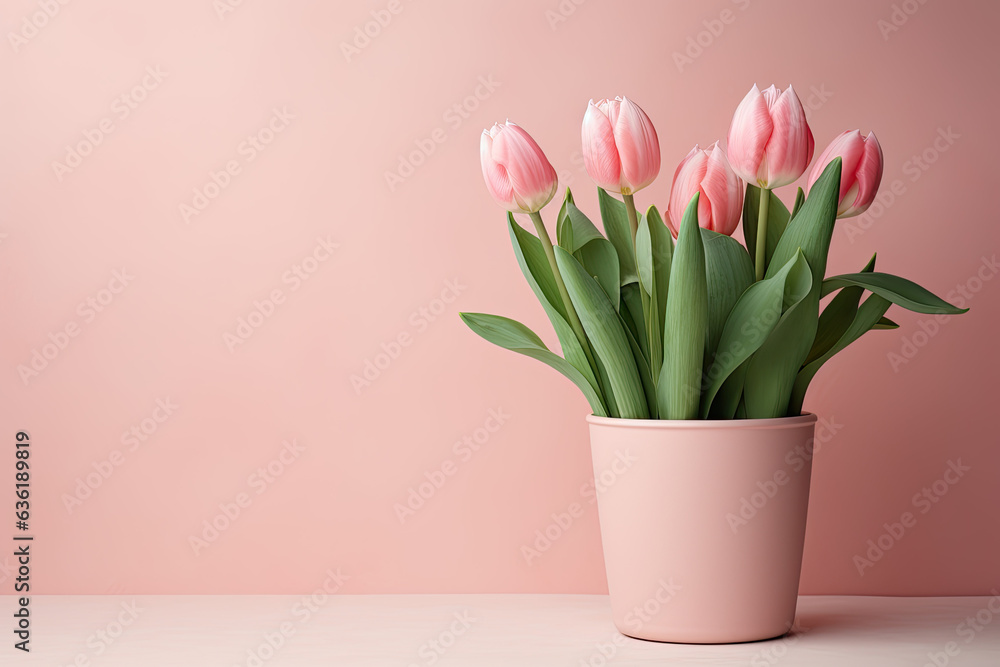 Tulips  flowers in a clay pot, pastel background, copy space