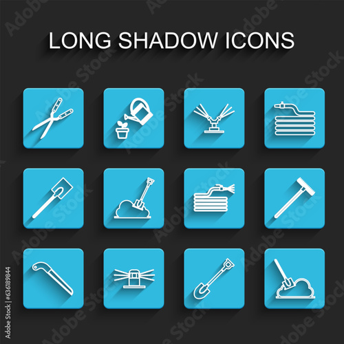 Set line Garden saw, Automatic irrigation sprinklers, Gardening handmade scissor, shovel, Shovel the ground, rake and hose fire hose icon. Vector