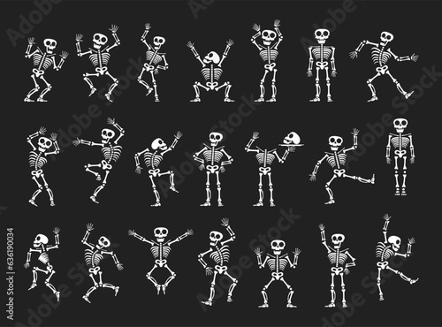 Skeletons dancing with different positions flat style design vector illustration set. Funny dancing Halloween or Day of the dead skeletons collection. Creepy, scary human bones characters silhouettes.
