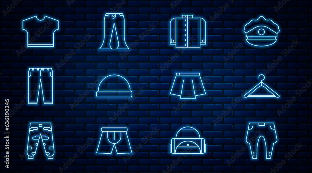 Set line Pants, Hanger wardrobe, T-shirt, Beanie hat, Skirt and icon. Vector