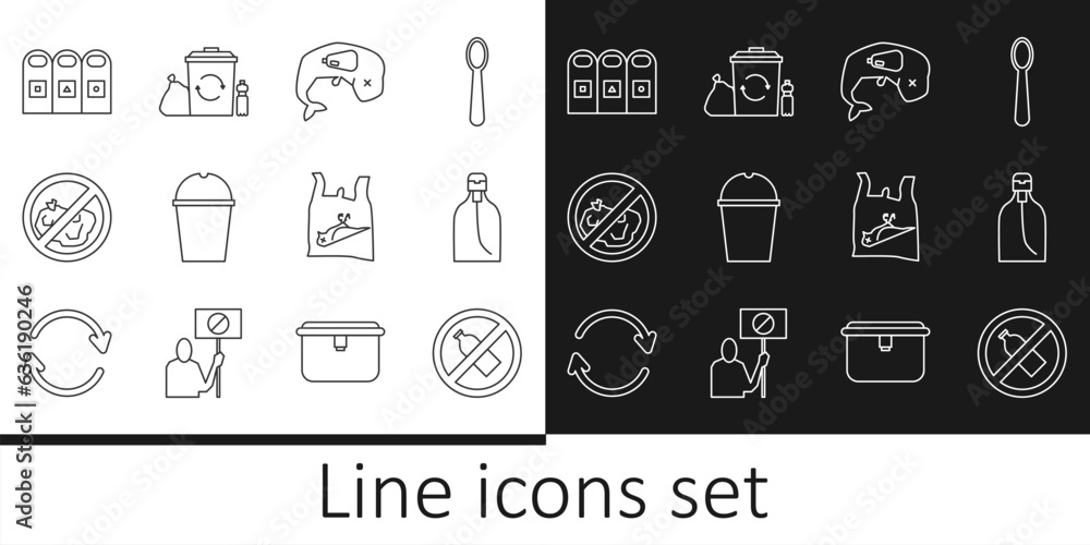 Set line No plastic bottle, Bottle of liquid soap, Environment protection whale dead, Paper glass water, trash, Trash in garbage cans sorted, Dead bird, and Recycle bin with recycle icon. Vector