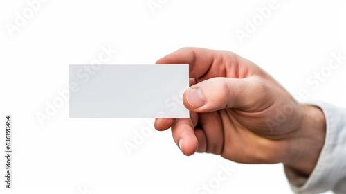 hand holding blank card on white background