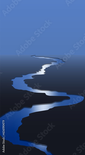 River in the desert. Vector illustration of a morning landscape with a river flowing through the plain. Template for creativity.