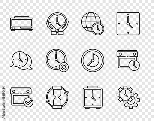Set line Calendar with check mark, Time Management, World time, Old hourglass, Digital alarm clock, Clock delete, Alarm and and icon. Vector