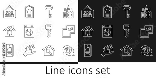 Set line Real estate message house, House plan, key, Washer, with shield, Hanging sign For Rent, and contract icon. Vector