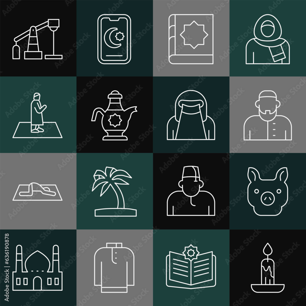 Set line Burning candle, Pig, Muslim man, Holy book of Koran, Islamic teapot, prays, Oil pump pump jack and woman niqab icon. Vector Set line Burning candle, Pig, Muslim man, Holy book of Koran, Islamic teapot, prays, Oil pump pump jack and woman niqab icon. Vector