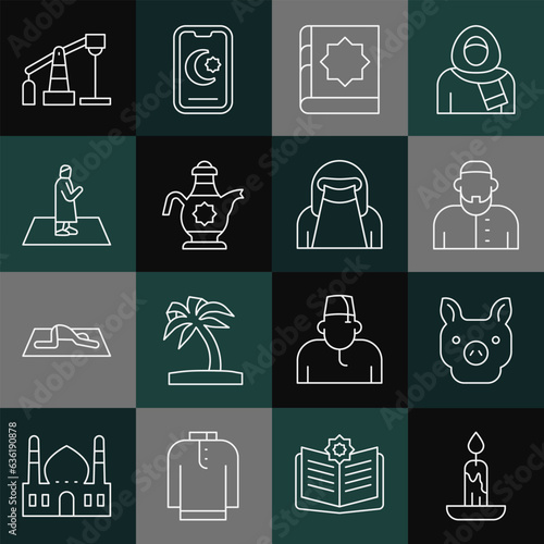 Set line Burning candle, Pig, Muslim man, Holy book of Koran, Islamic teapot, prays, Oil pump pump jack and woman niqab icon. Vector