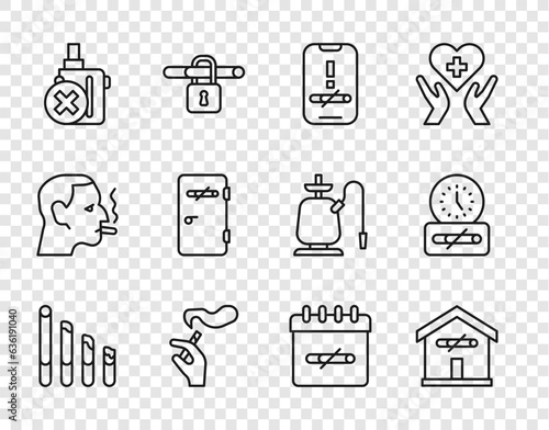 Set line Smoking cigarette, No smoking at home, Hand with, electronic, area, days and time icon. Vector