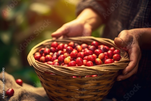 A person holding a basket full of coffee beans. Digital image. Hands with a basket.