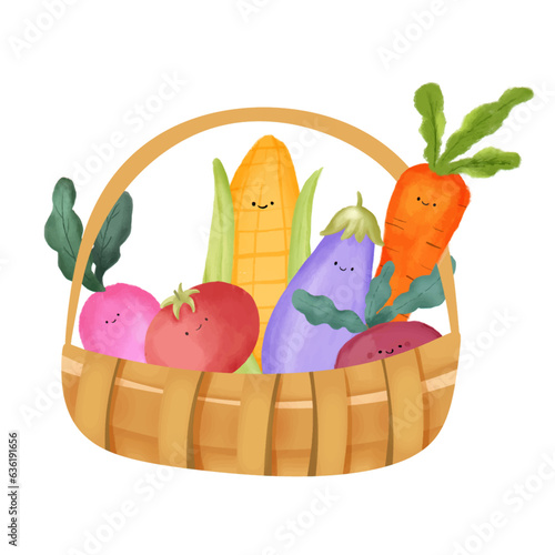 Basket of fresh healthy vegetables. Vegan vector illustration of farm veggies. Colorful printable vector banner, greeting card, poster, invitation