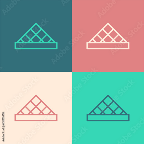 Pop art line Louvre glass pyramid icon isolated on color background. Louvre museum. Vector