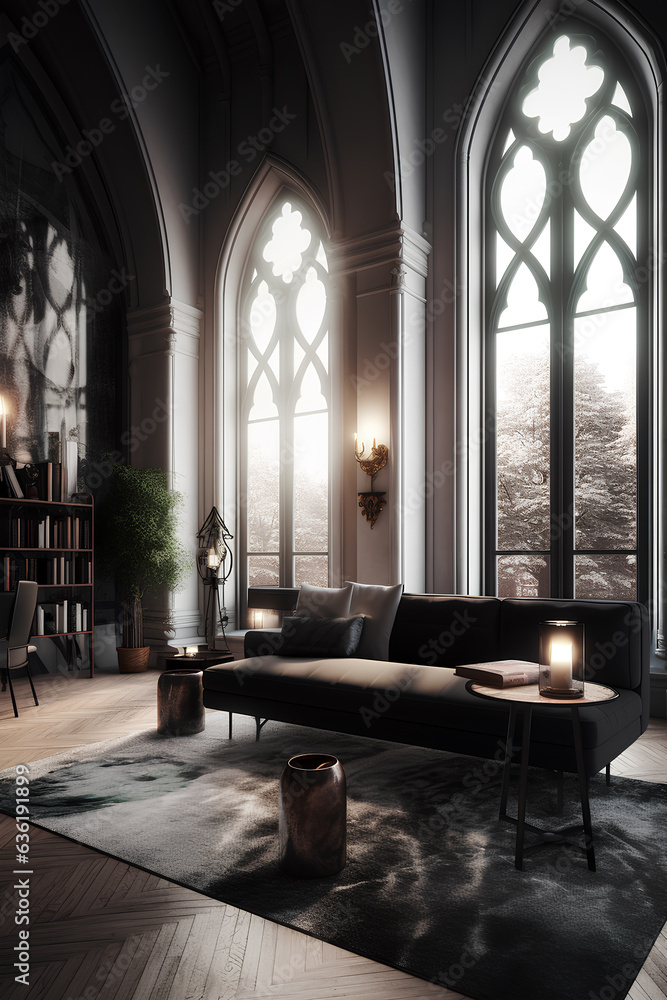 Gothic style interior of living room in luxury house.
