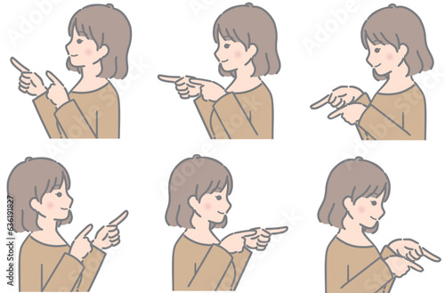 色々な方向を両手で指さす　若い女性（横向き、私服）