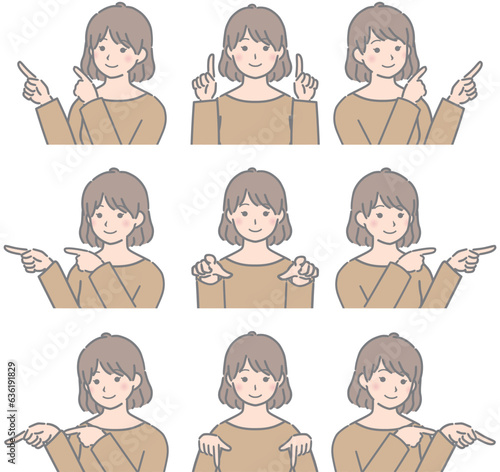 色々な方向を両手で指さす　若い女性（私服）