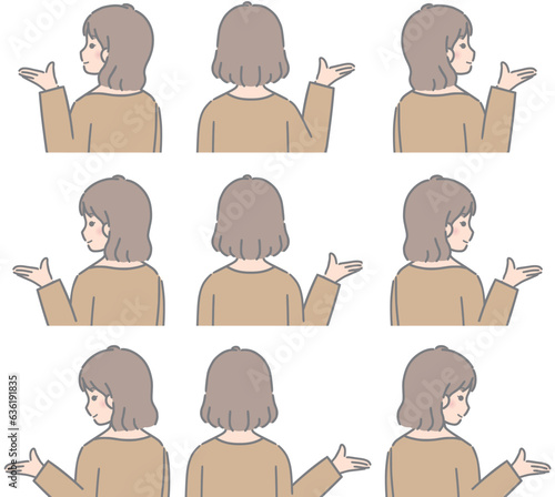 ご案内のポーズ　若い女性（後ろ向き、私服）