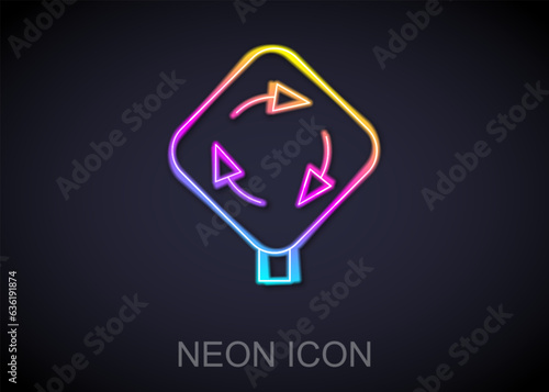 Glowing neon line Roundabout traffic icon isolated on black background. Traffic circle road sign. Vector