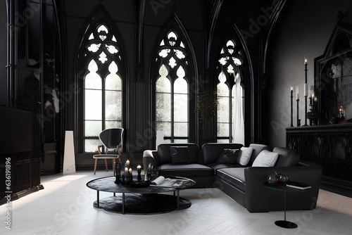 Gothic style interior of living room in luxury house.