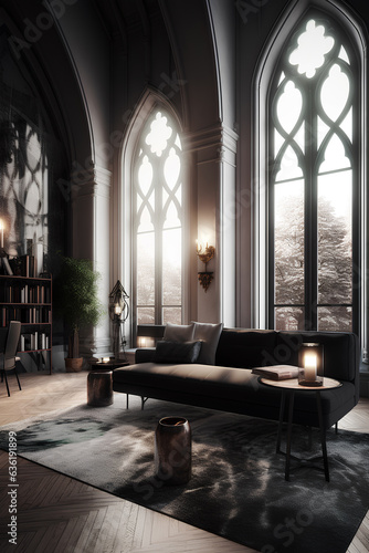 Gothic style interior of living room in luxury house.
