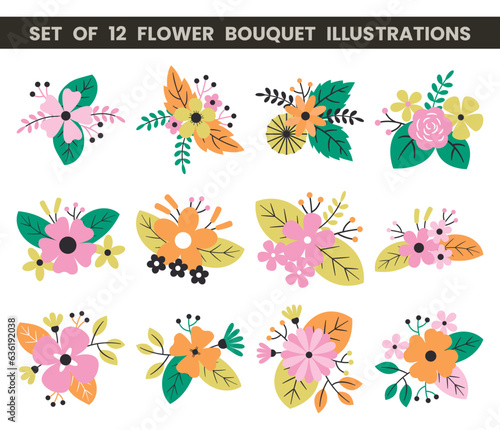 Set of 12 flower bouquet illustrations. Colorful flat vector illustration with floral theme.