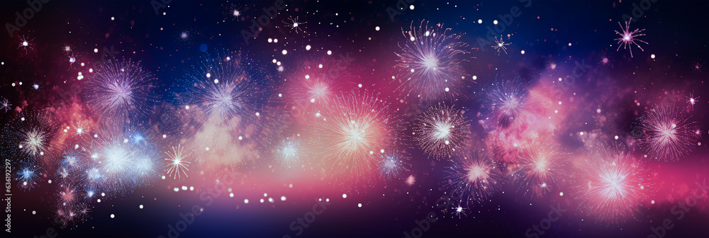 Generative AI of Festival fireworks banner frame. Abstract colorful firework display for holiday and celebrations in the starry night sky, Copy space for text, New Year holiday concept