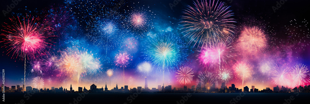 Generative AI of Festival fireworks display over the city at night scene. Abstract colorful firework display for celebration in the starry night sky, Copy space for text - obrazy, fototapety, plakaty 