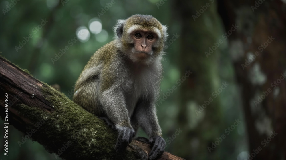 Naklejka premium Close-Up of a Monkey Sitting on a Tree Branch in a Dense Forest - Created by AI