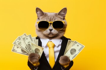 Cool rich successful hipster cat with sunglasses and cash money. Yellow background