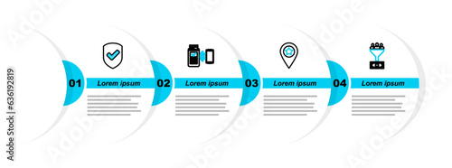 Set line Lead management, Location with star, POS terminal and Shield check mark icon. Vector