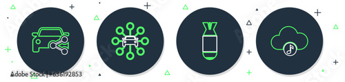 Set line Car sharing, Aviation bomb, and Music streaming service icon. Vector
