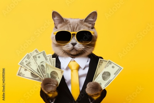 Fotografia Cool rich successful hipster cat with sunglasses and cash money