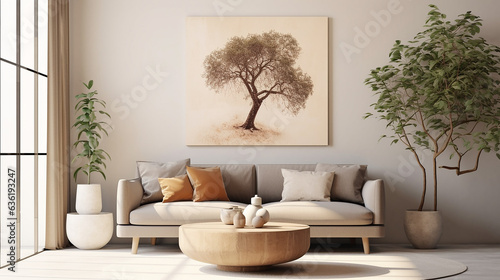 Retro room with couch, coffee table, floor lamp, olive tree and mock up picture © PNG WORLD